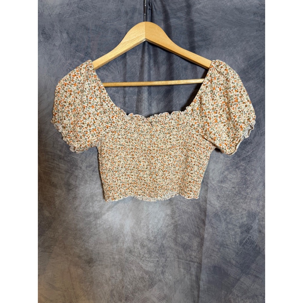 Soft Girl Smocked Ditsy Floral Crop Top Puff Sleeve XS Romantic Cottagecore